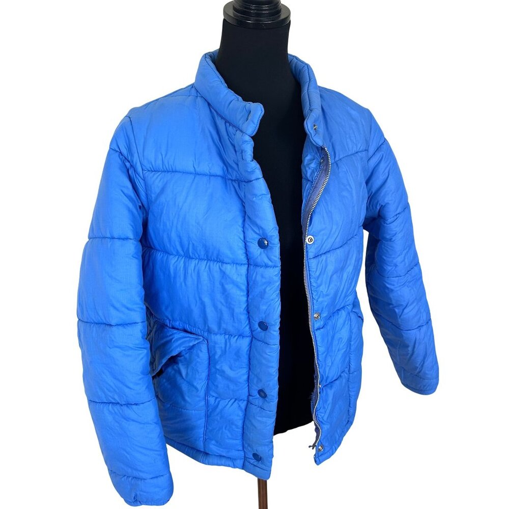 Vtg Blue Quilted Puffer Jacket Snap Buttons Pockets Sears Large Womens Coat 80s